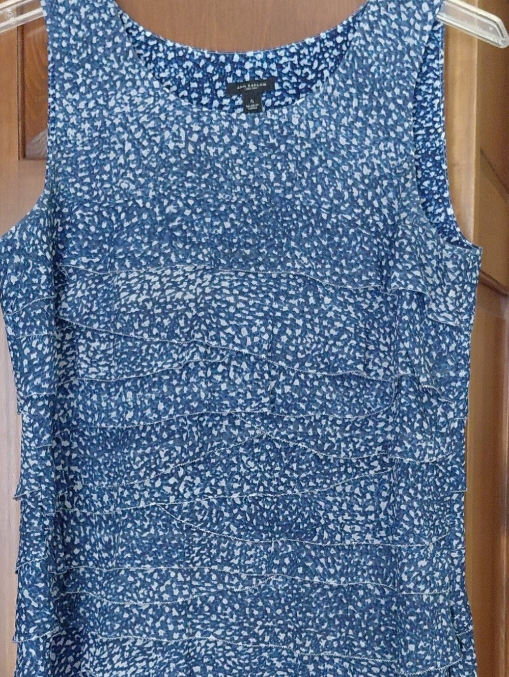 Ann Taylor Navy Blue Patterned Ruffle-Trim Sleeveless Blouse